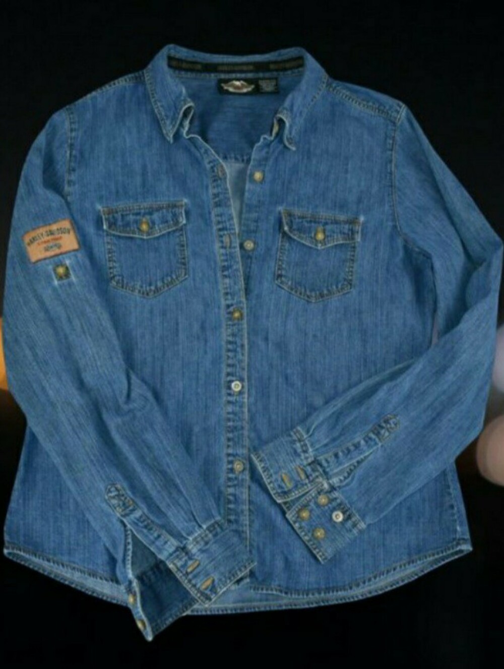 Women's Vintage Harley Davidson Blue Denim Button Up Shirt Sz L EUC